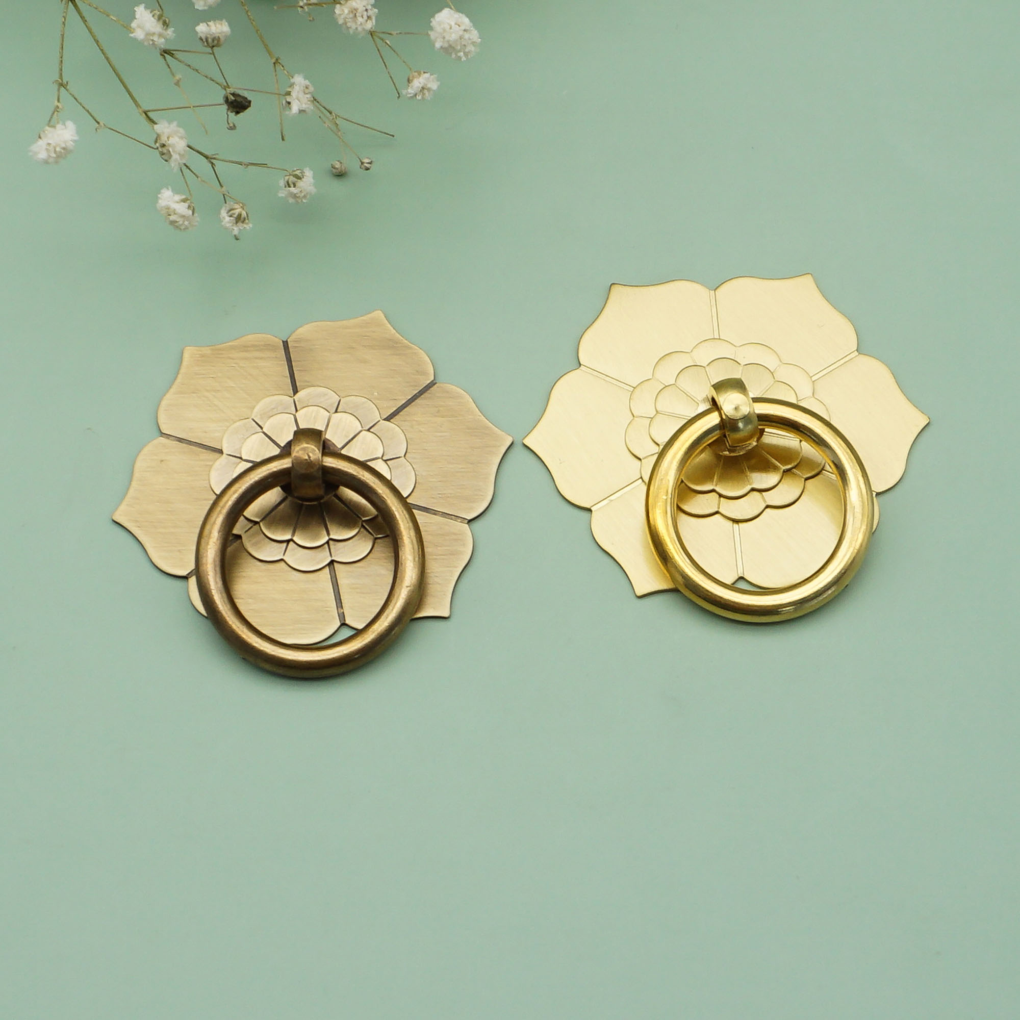 Furniture Hardware With Backplate - Flower Drawer Pull Vintage Drop Ring